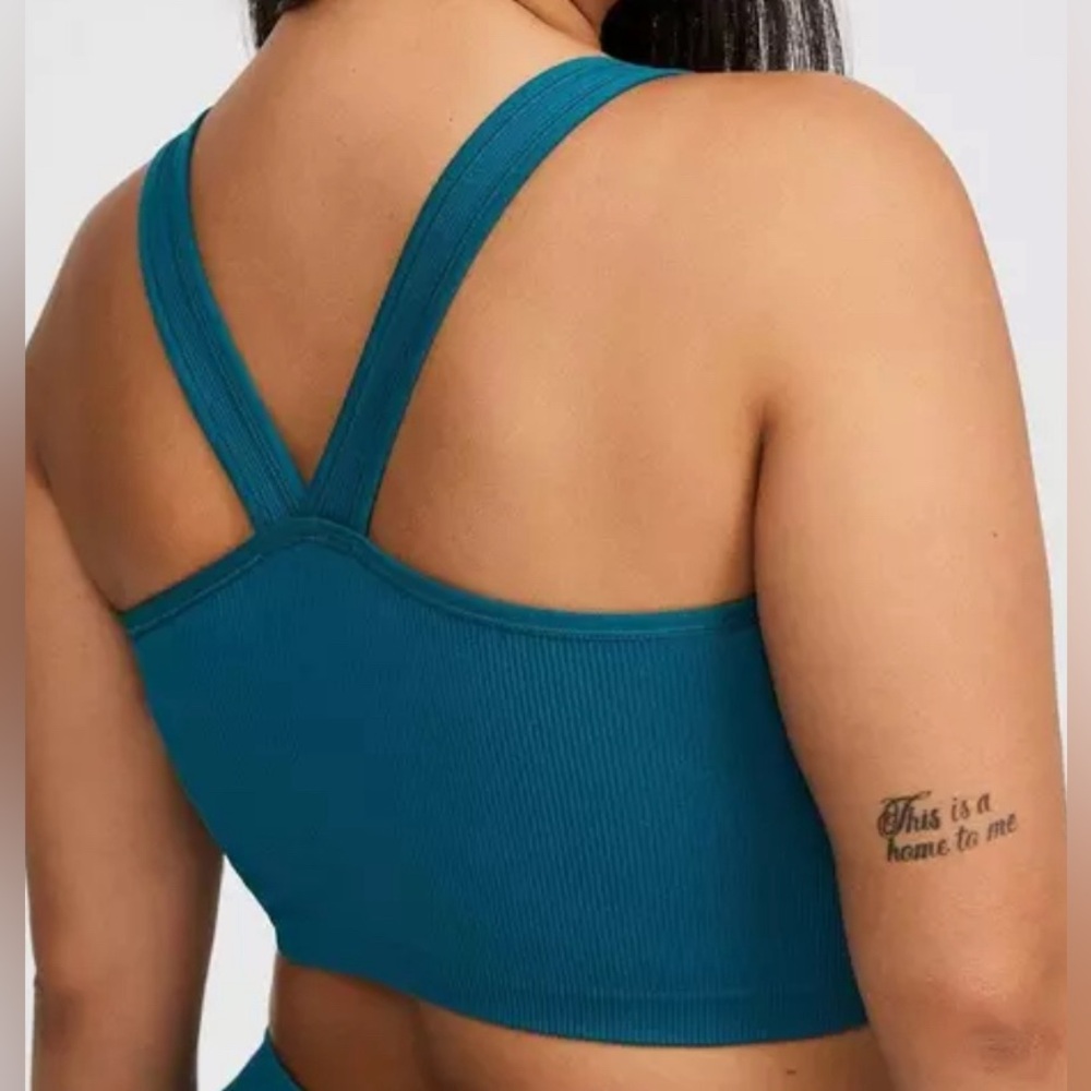 #1329 - TORRID Seamless Rib Deep V Crop Top Cross Back Lounge Bra Dark Turquoise - Picture 3 of 11